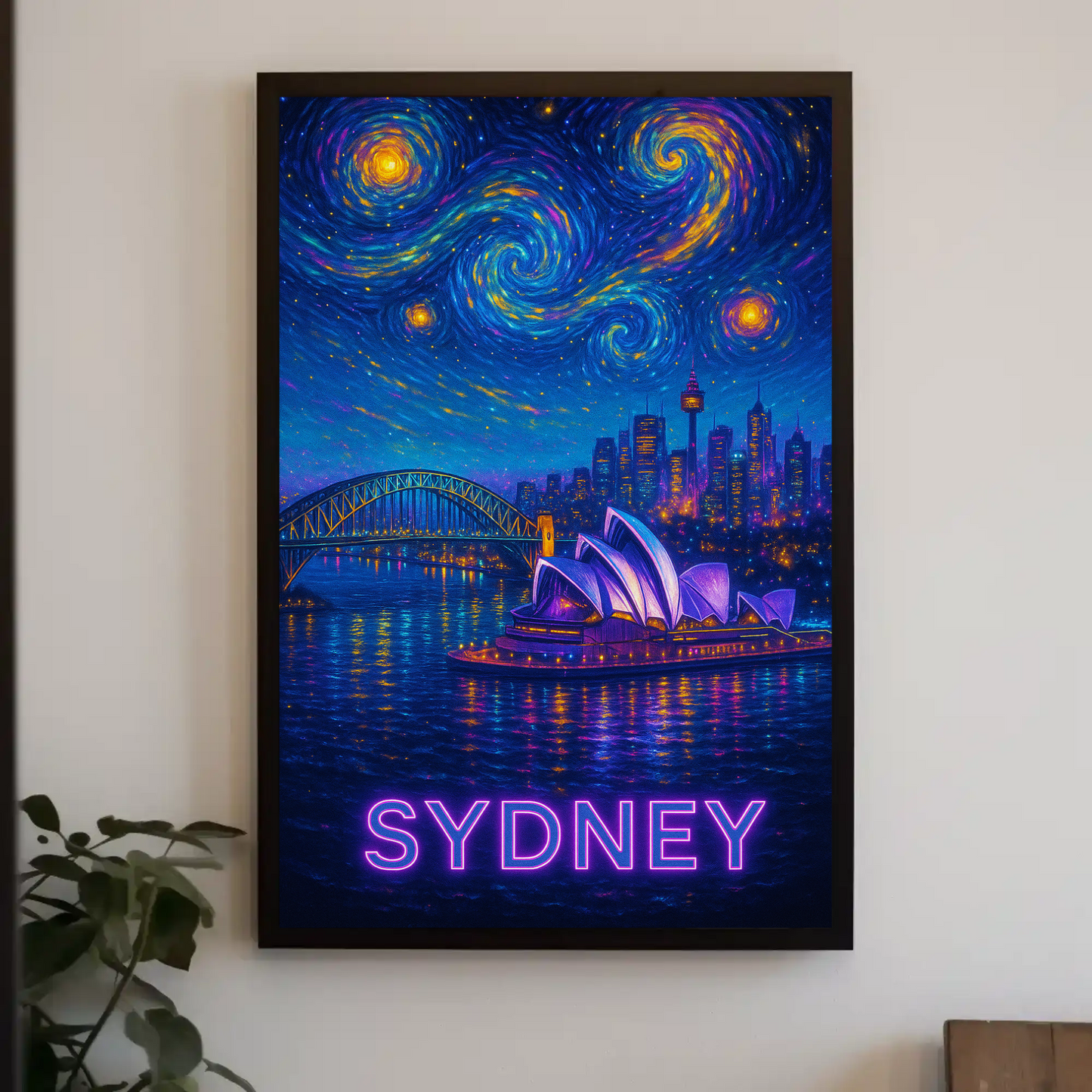 Sydney Harbor Opera House Neon Starry Night Travel Poster