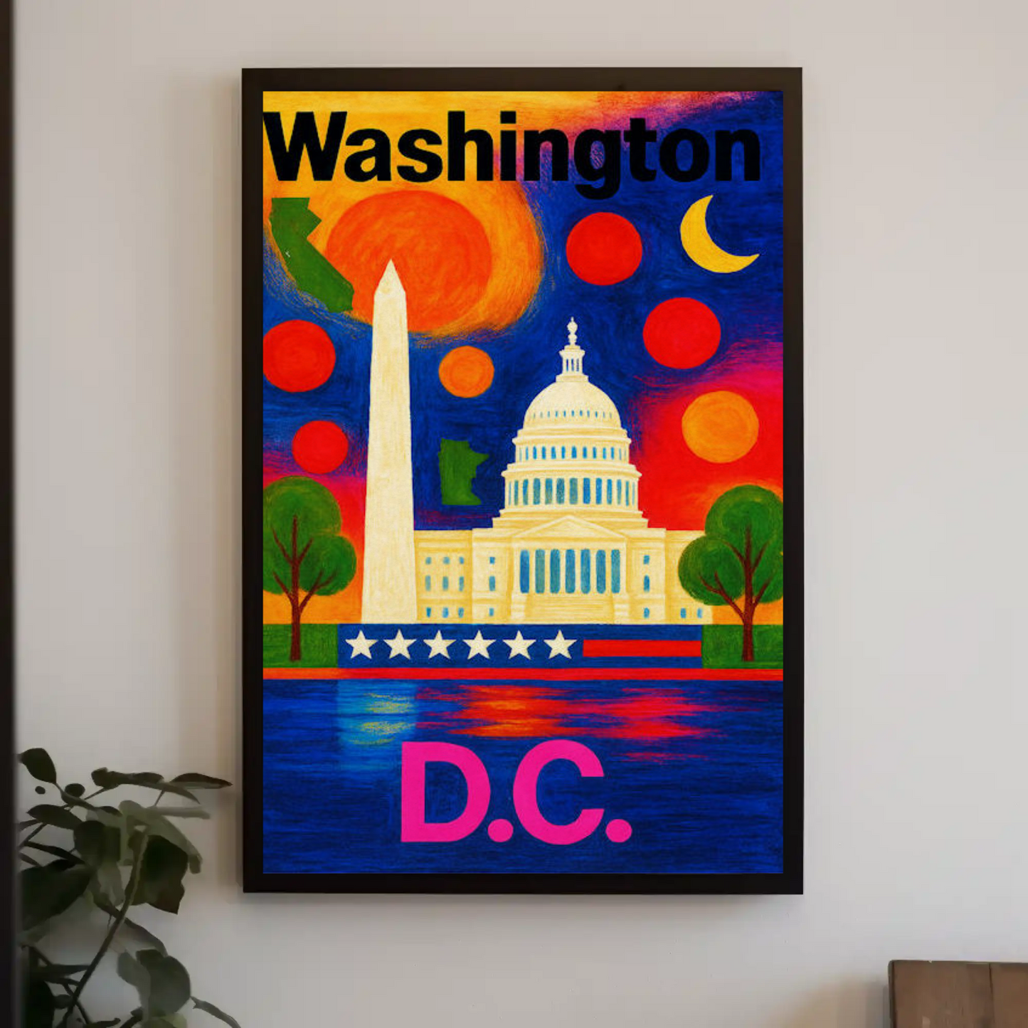 Washington DC Capitol Monument Colorful Night Travel Poster