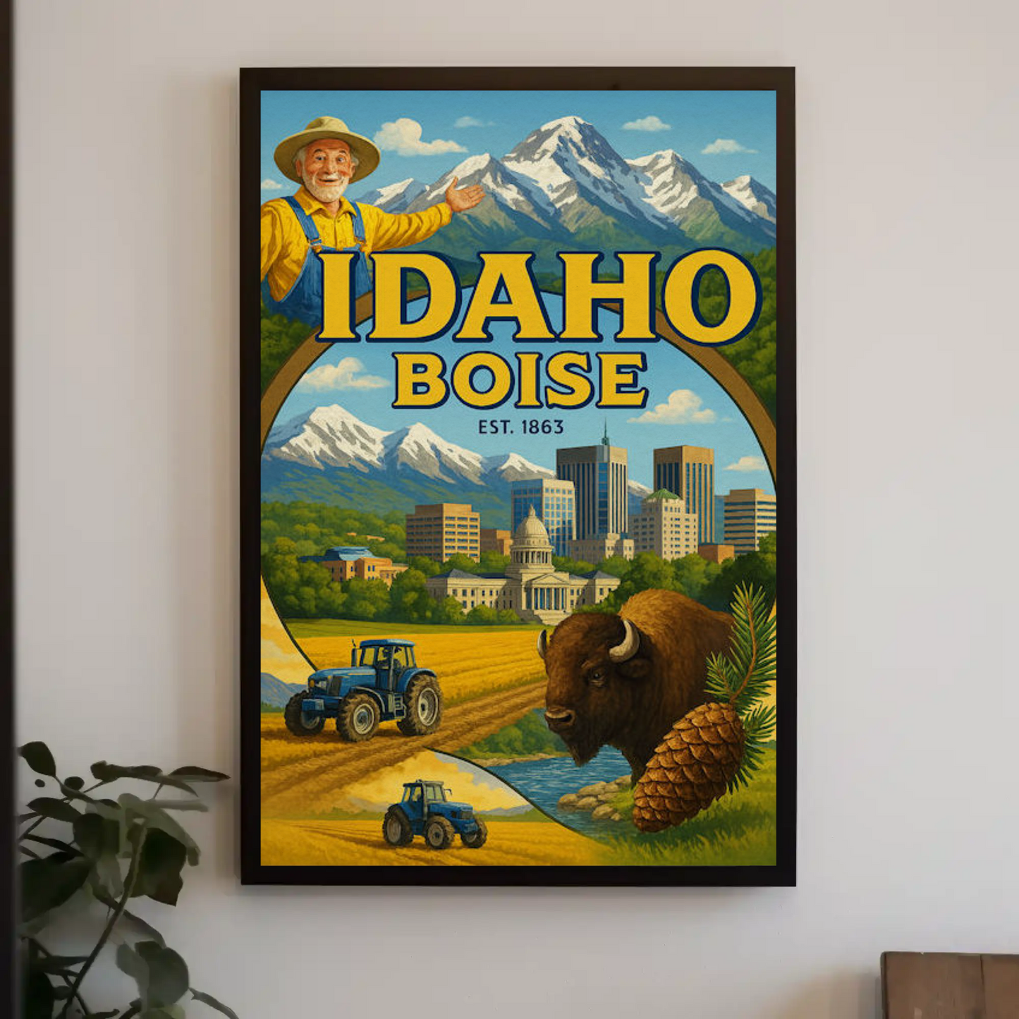 Boise Idaho Cityscape Buffalo Mountain Farm Travel Poster