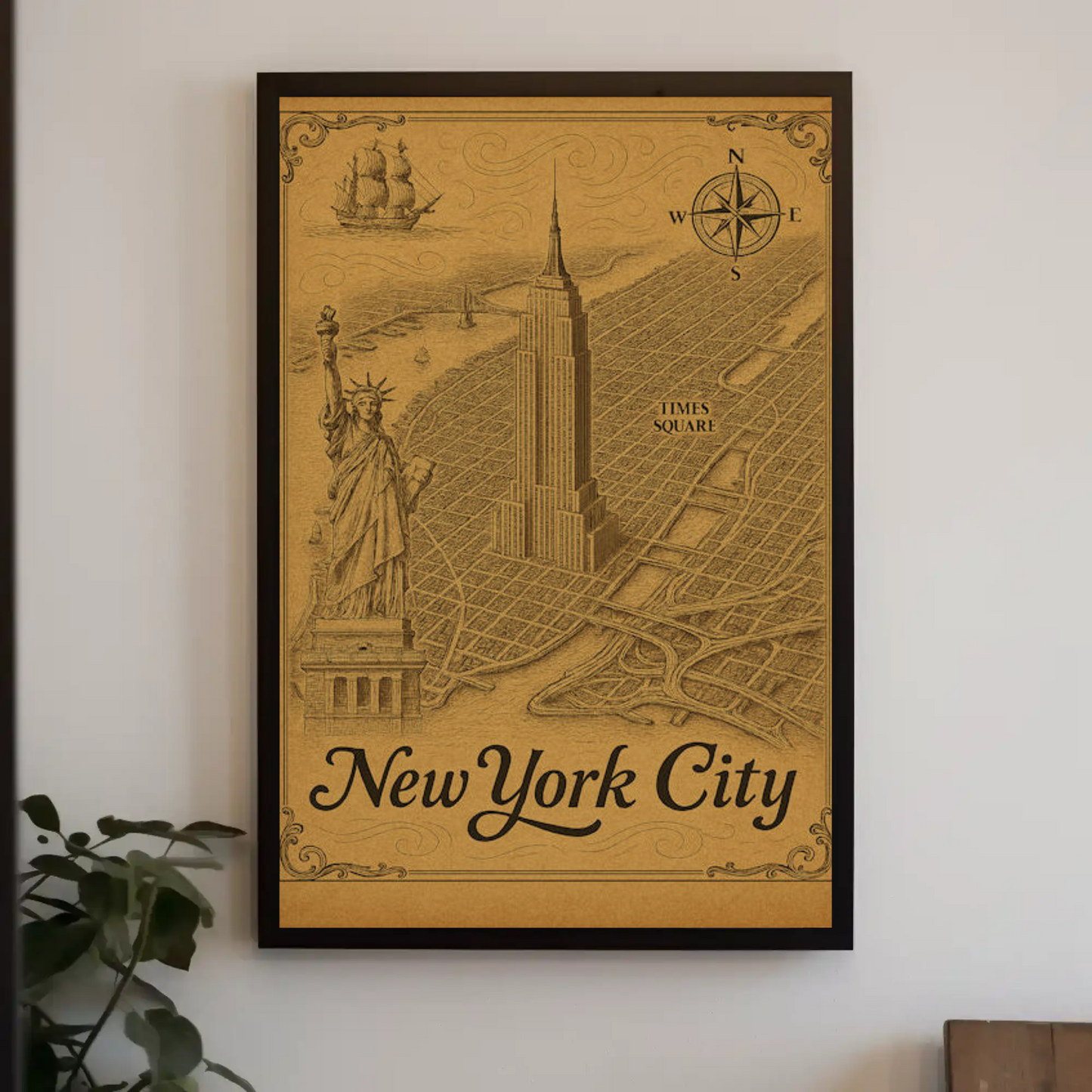 New York City Empire State Building Times Square Map Travel Poster