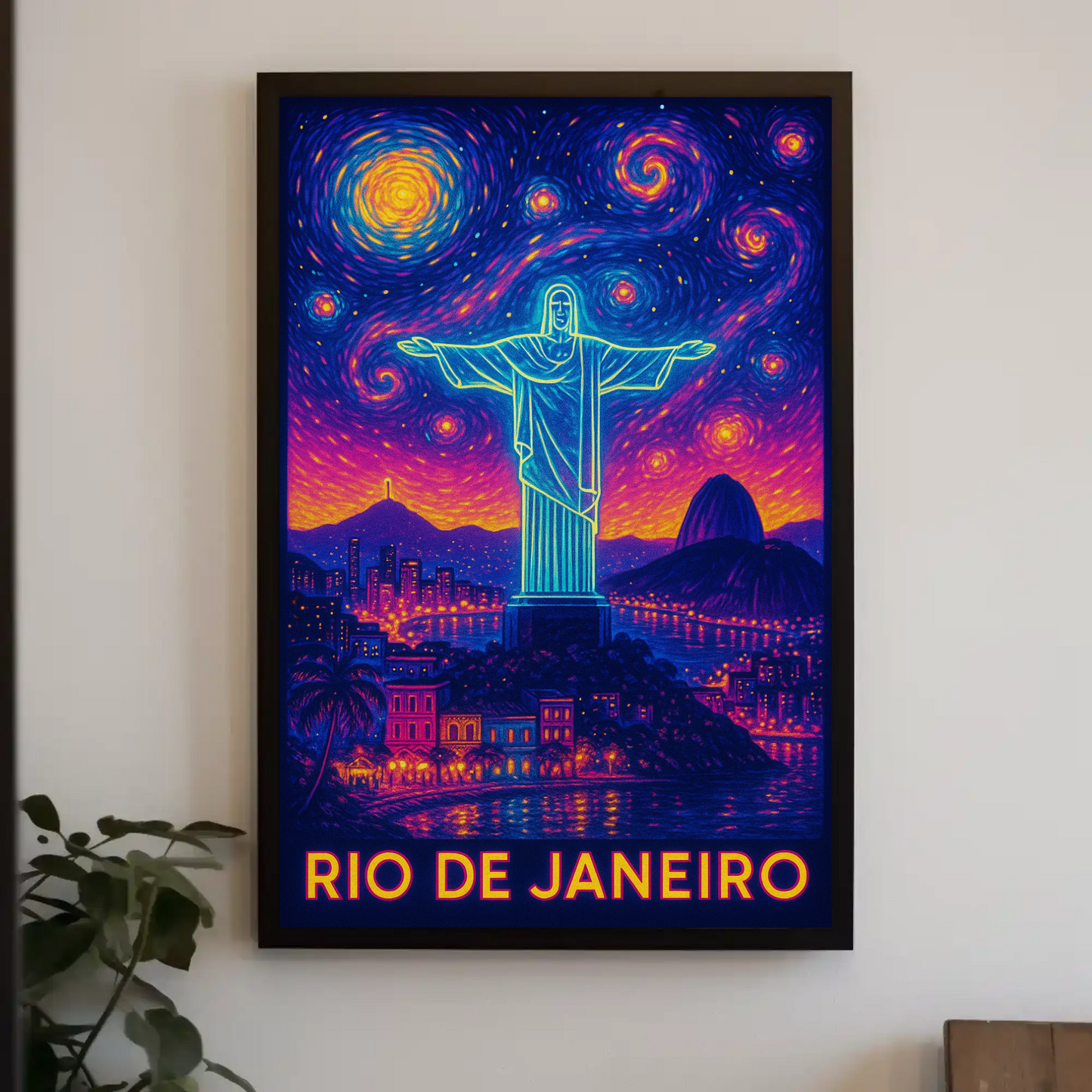 Rio De Janeiro Christ Neon Night Sky Travel Poster