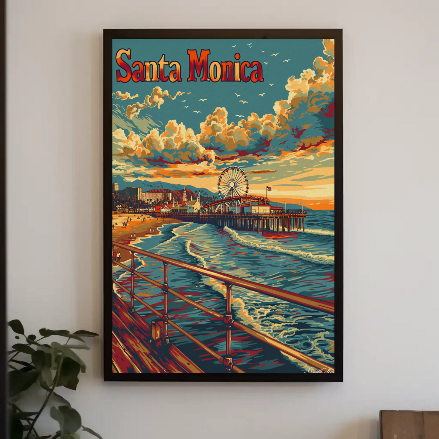 Santa Monica Sunset Pier and Surf Travel Poster