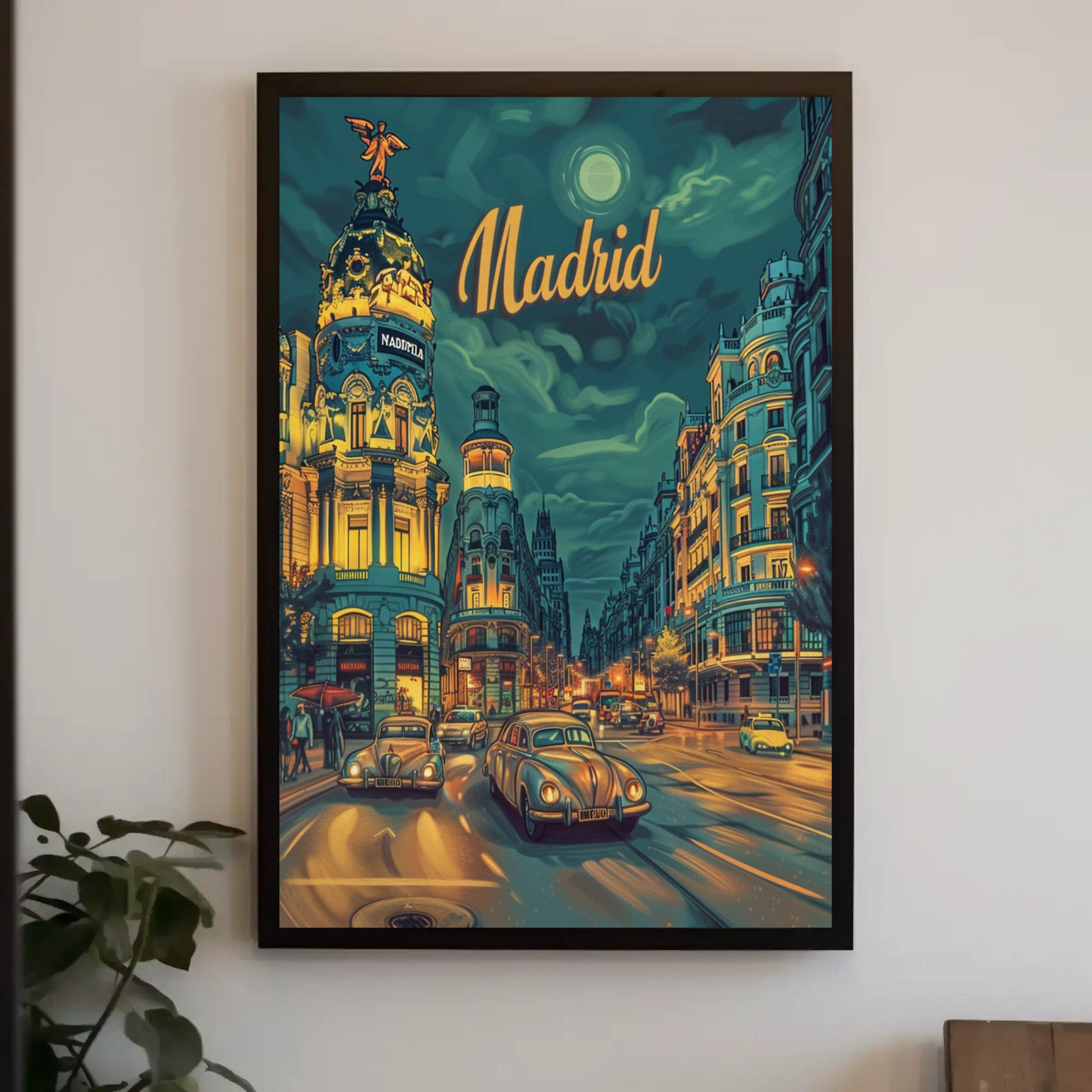 Madrid Night Drive Glowing Lights Retro Travel Poster