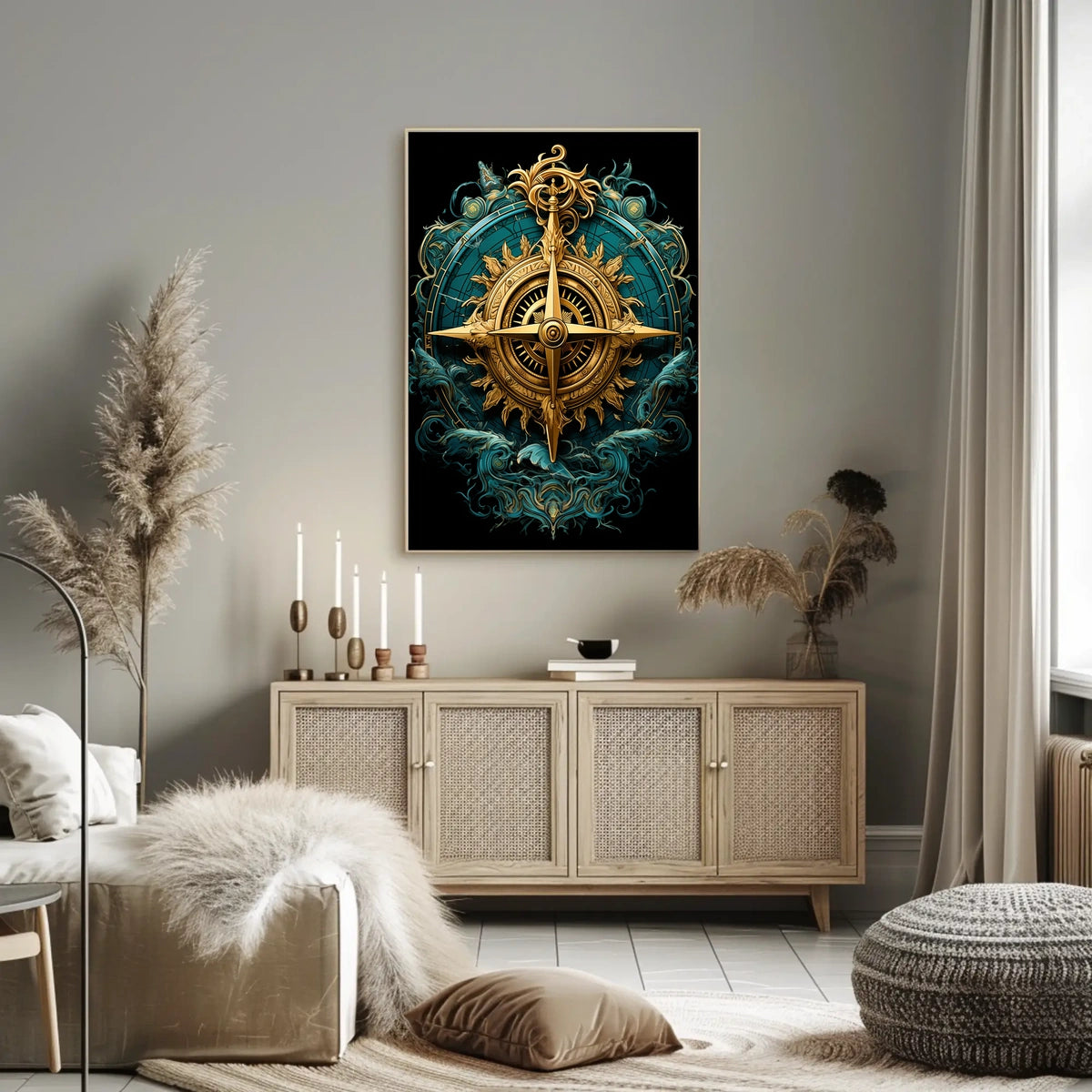Navigating Mystical Seas Golden Compass Art Deco Oceanic Adventure Maritime Dreamscape Poster