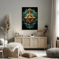 Navigating Mystical Seas Golden Compass Art Deco Oceanic Adventure Maritime Dreamscape Poster