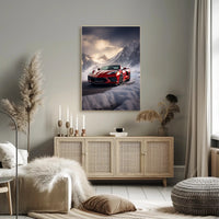 Red Sports Car in Snowy Mountains Poster PosterGoat