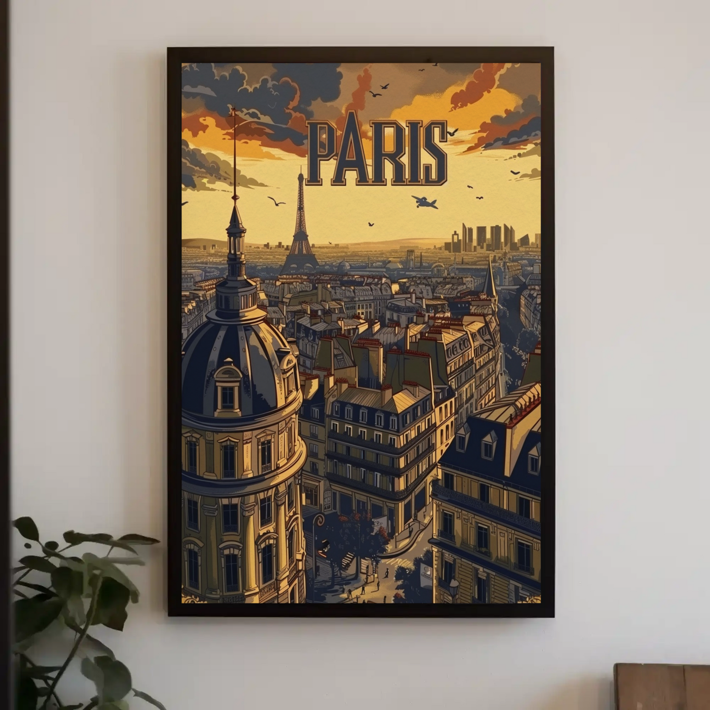 Paris Eiffel Tower Rooftop Sunset Travel Poster