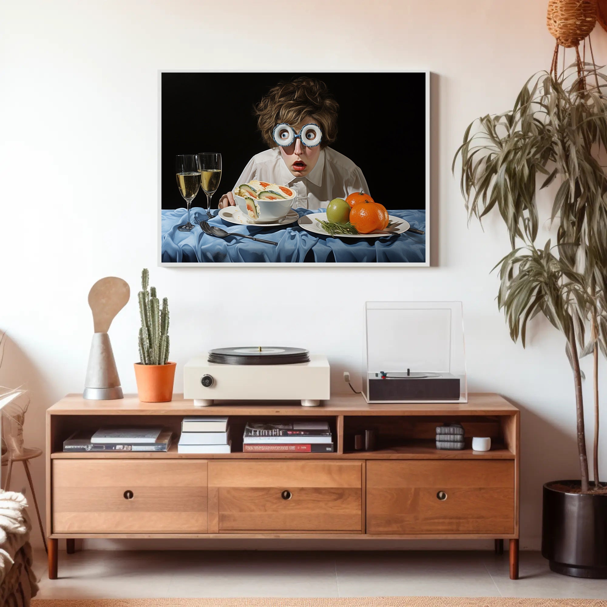 Surprised Dining Experience in Surreal Artistic Poster