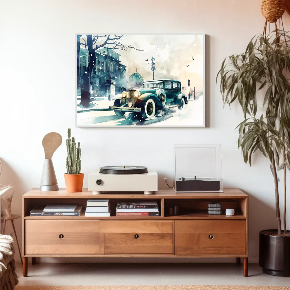 Vintage Winter Car Scene: Nostalgic Urban Elegance Poster