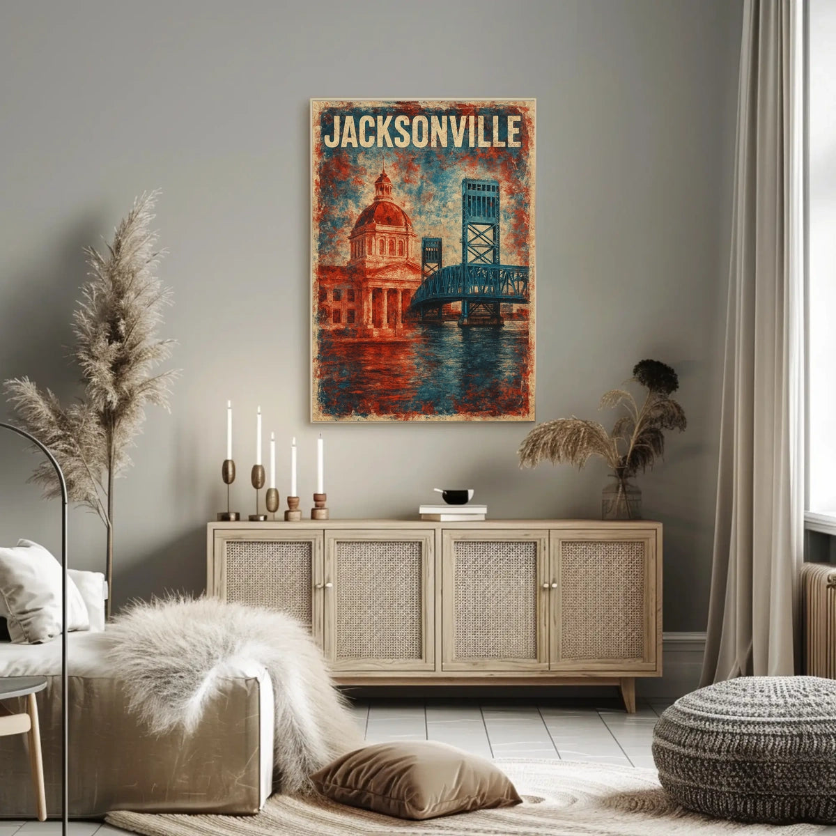Jacksonville Landmarks Americana Cityscape Watercolor Florida Skyline Heritage Texture Patriotic Poster