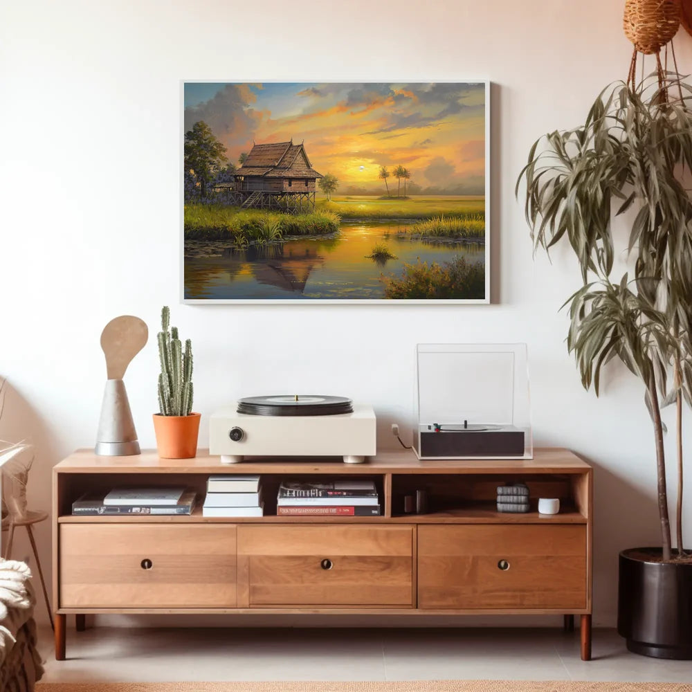 Serene Southeast Asian Sunset Rural Scene Poster