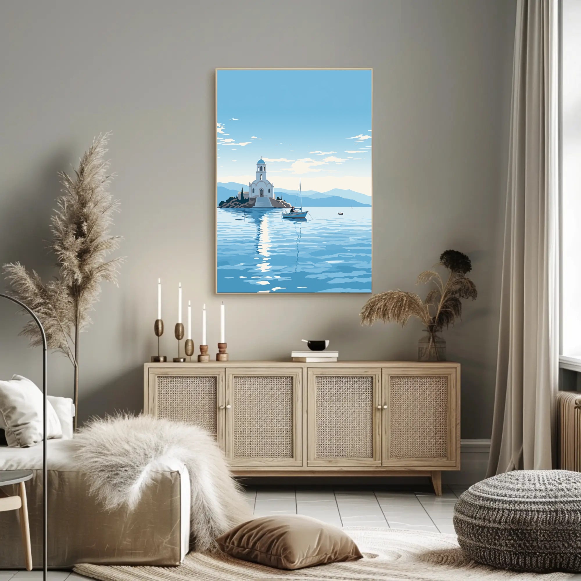 Serene Greek Coastal Church Travel Poster