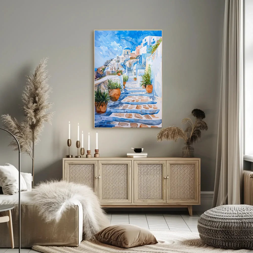 Santorini Serenity: Watercolor Greek Island Poster