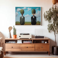 Surreal Suited Figures Artistic Poster Under Blue Sky