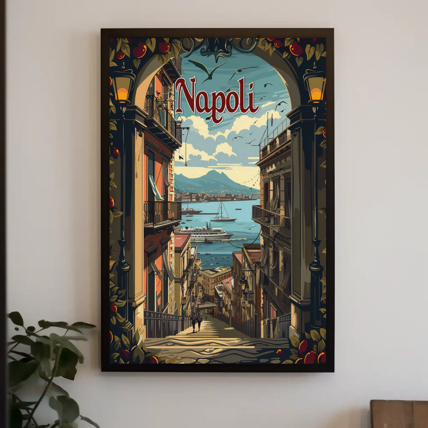 Napoli Italy Coastline Street View Travel Poster