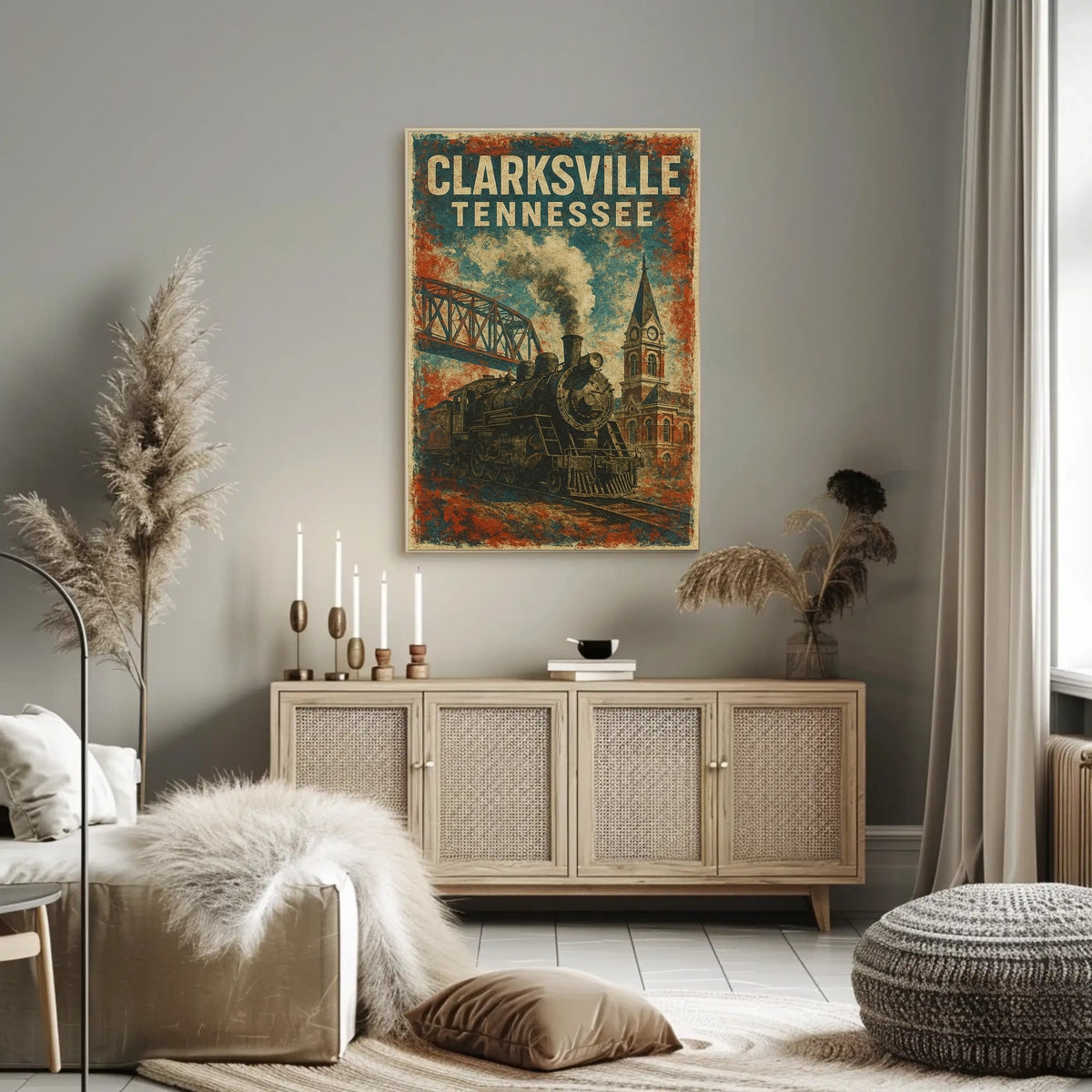 Clarksville Tennessee Vintage Railway Cityscape Travel Souvenir Wall Art Urban Nostalgia Poster