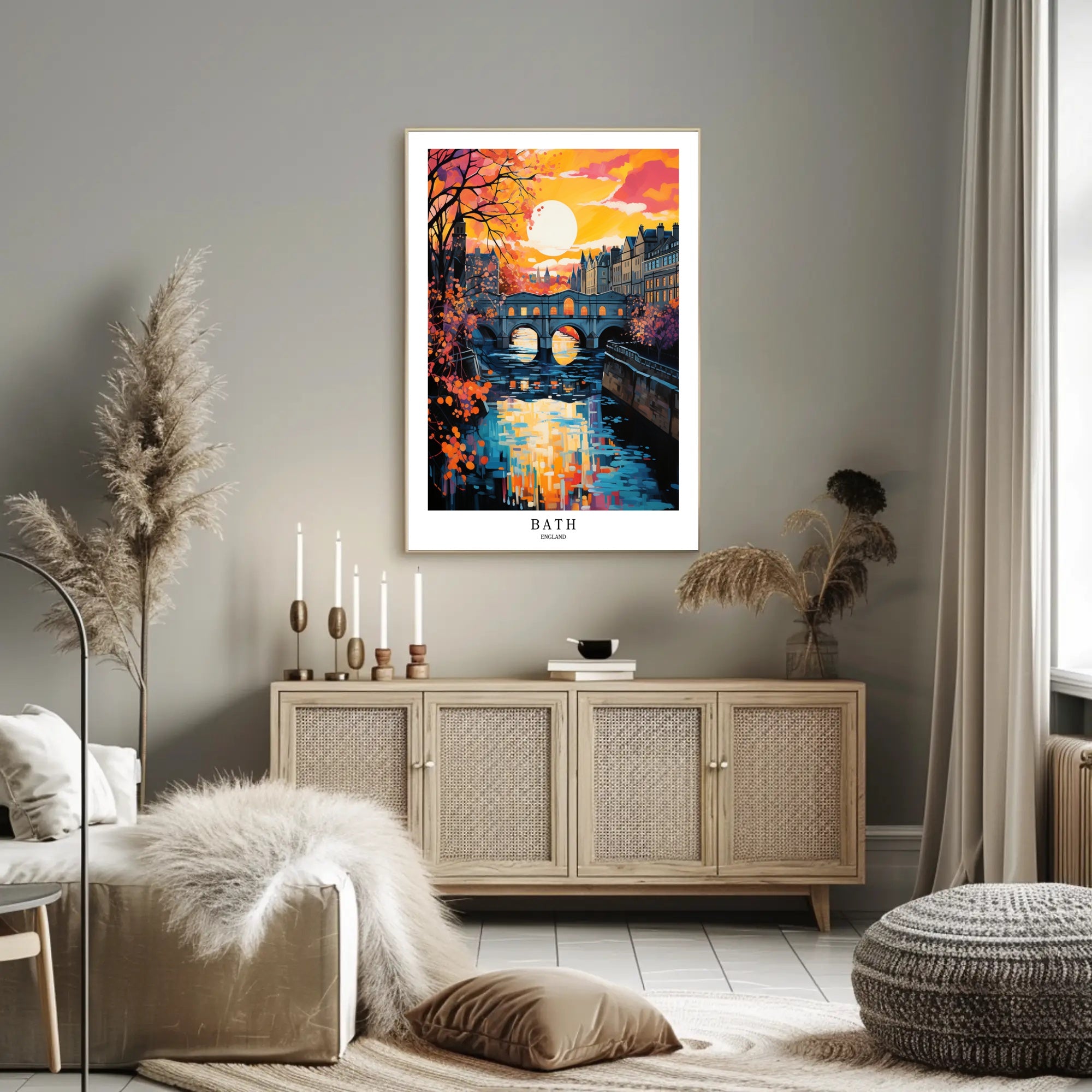 Bath River Bridge Sunset Scene Travel Poster PosterGoat