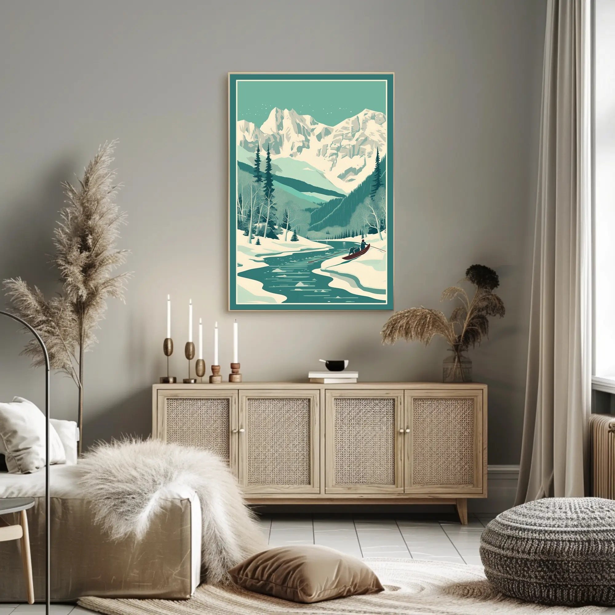 Winter Serenity: Majestic Snow-Covered Mountains and Tranquil River Poster