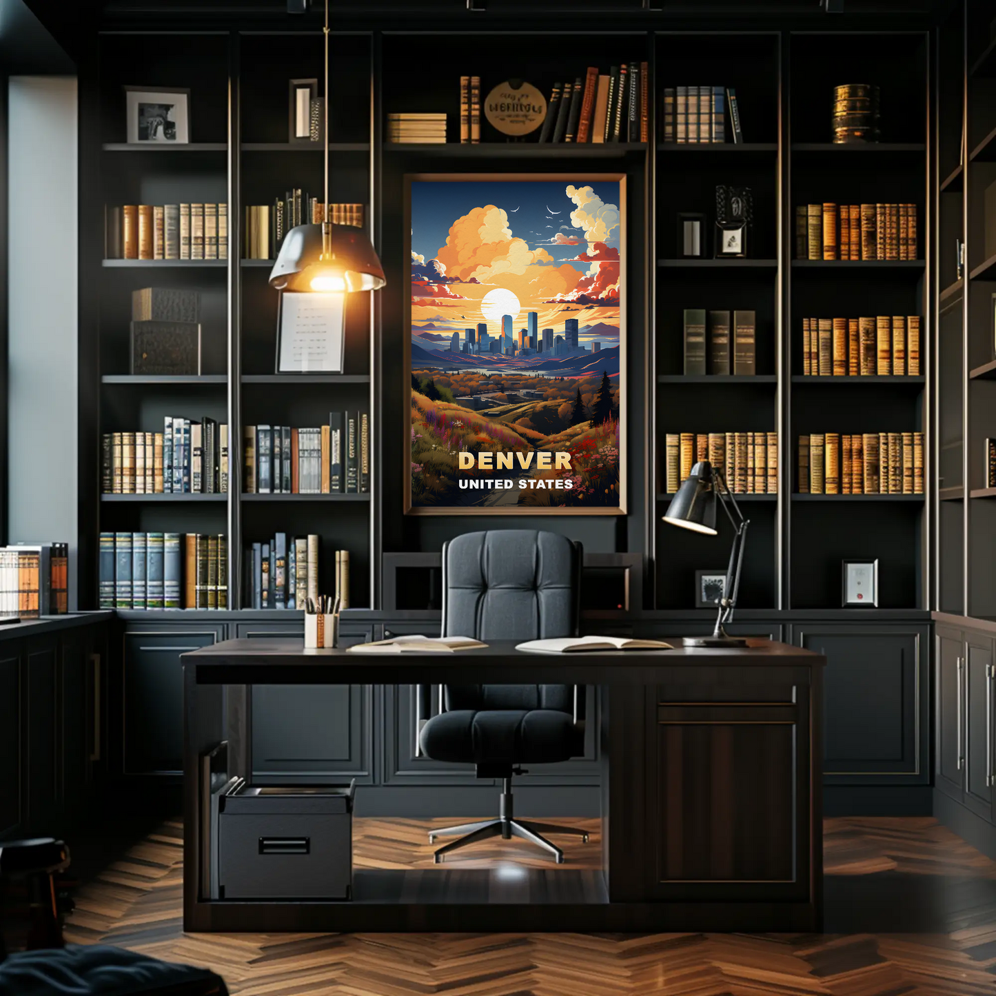 Denver Sunset Skyline Mountains Vintage Travel Poster