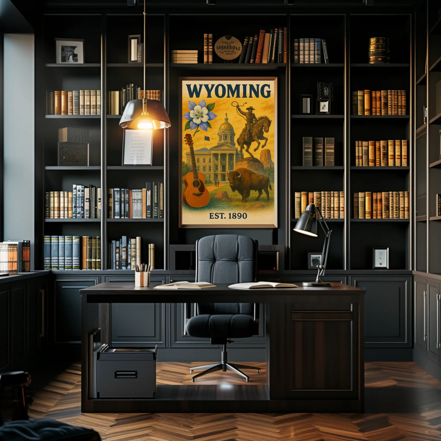 Wyoming Capitol Rodeo Guitar Bison Flower Vintage Travel Poster
