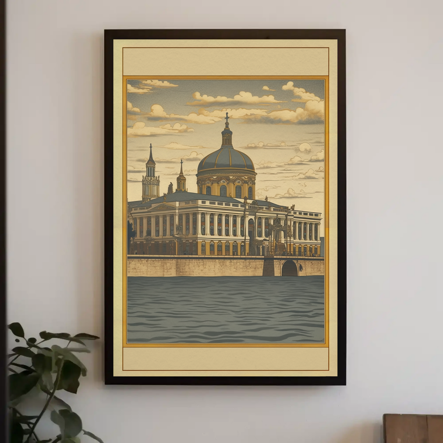European Riverfront Baroque Palace Travel Poster