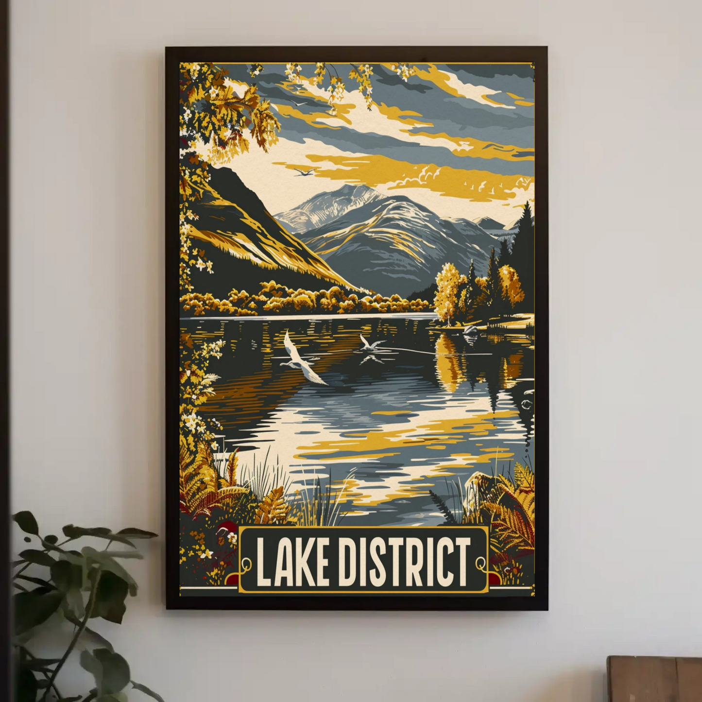Lake District Golden Mountains Waterfowl Scene Travel Poster