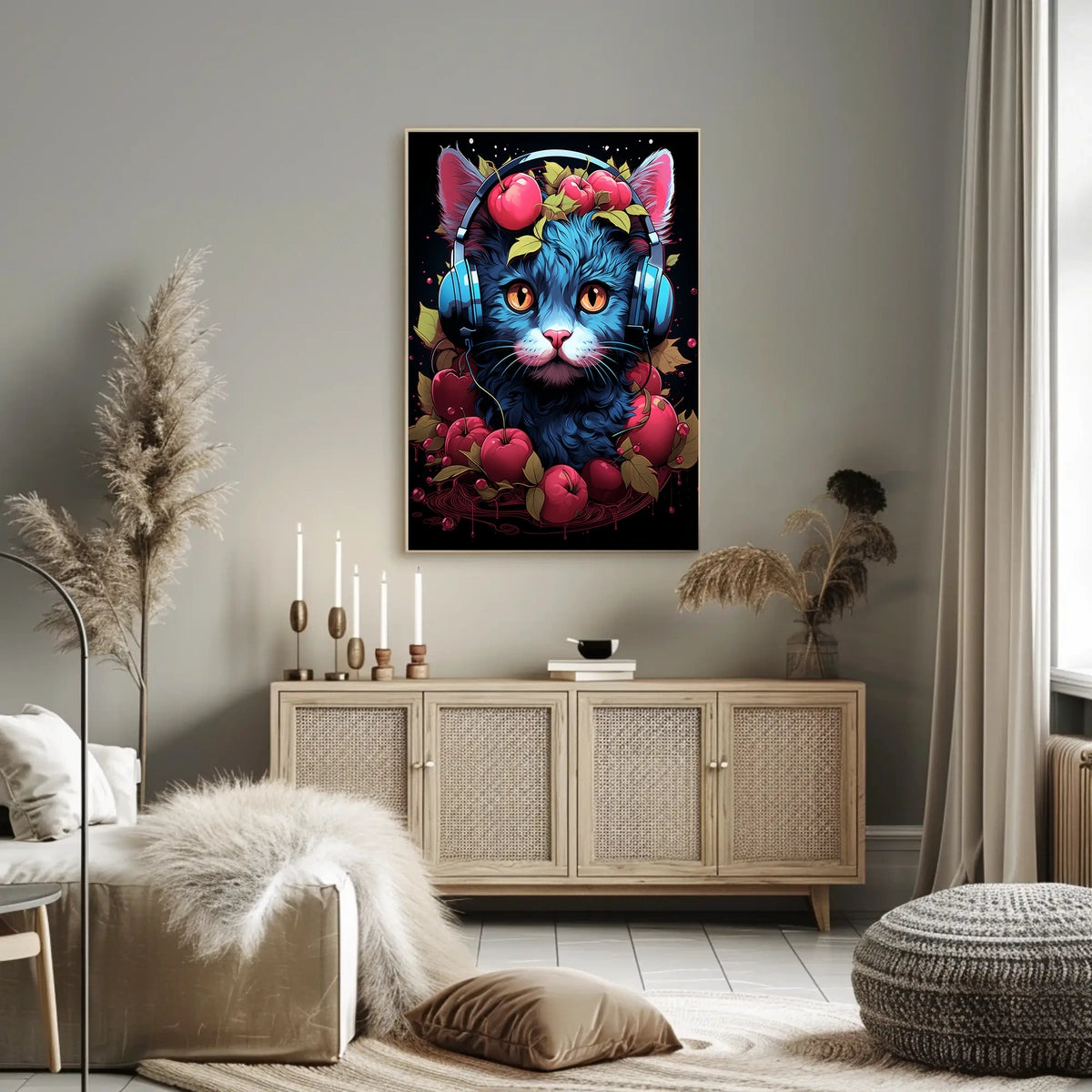 Cherries And Headphones Cat Poster