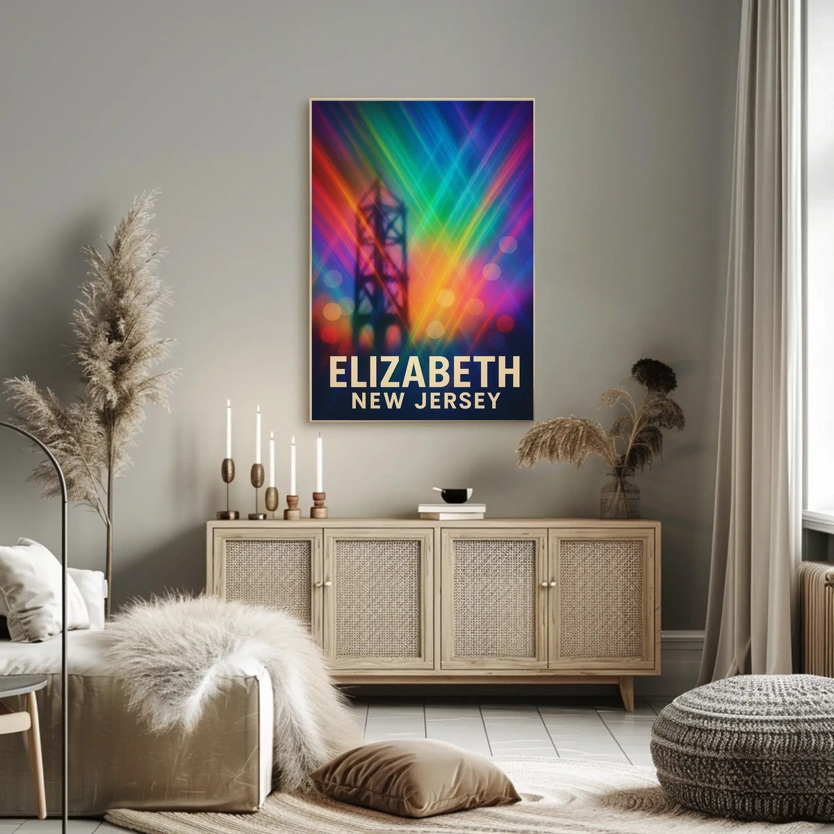 Elizabeth New Jersey Cityscape Vibrant Urban Pop Art Digital Painting Night Skyline Poster