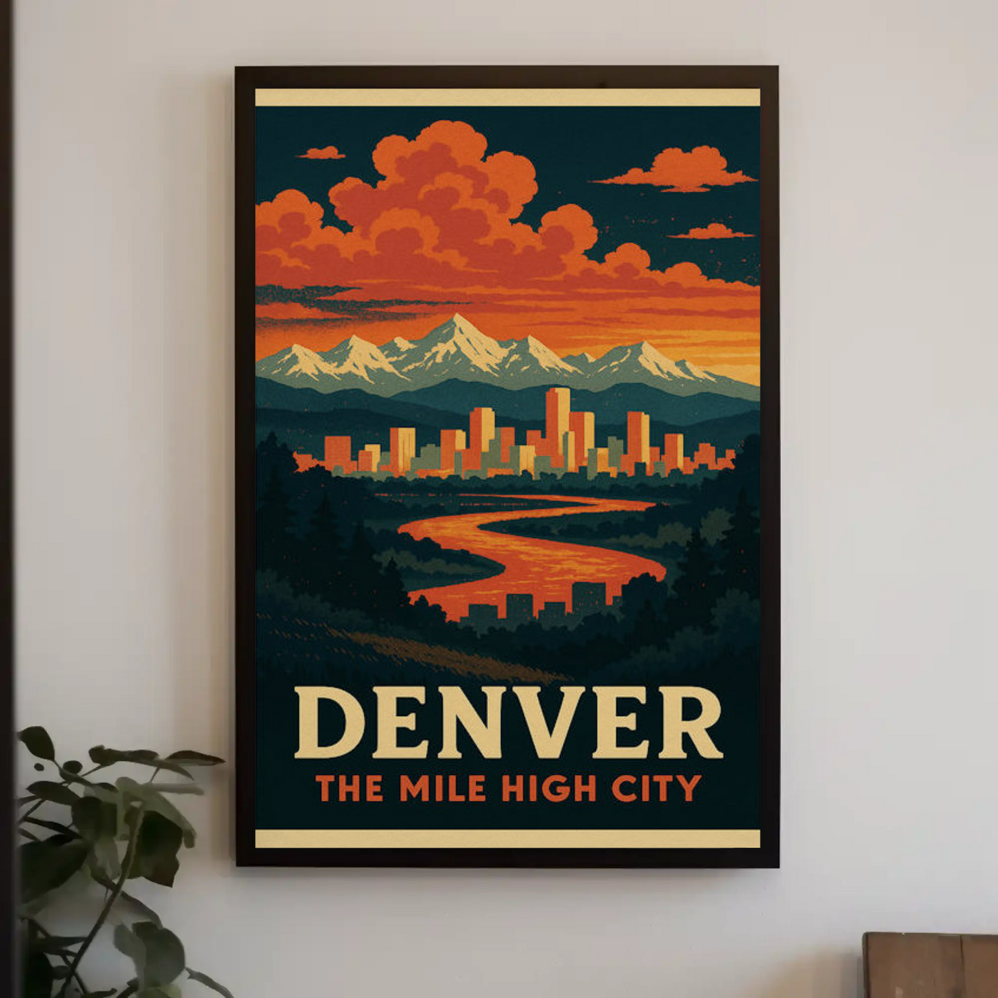 Denver Colorado Sunset Skyline Mountains Travel Poster