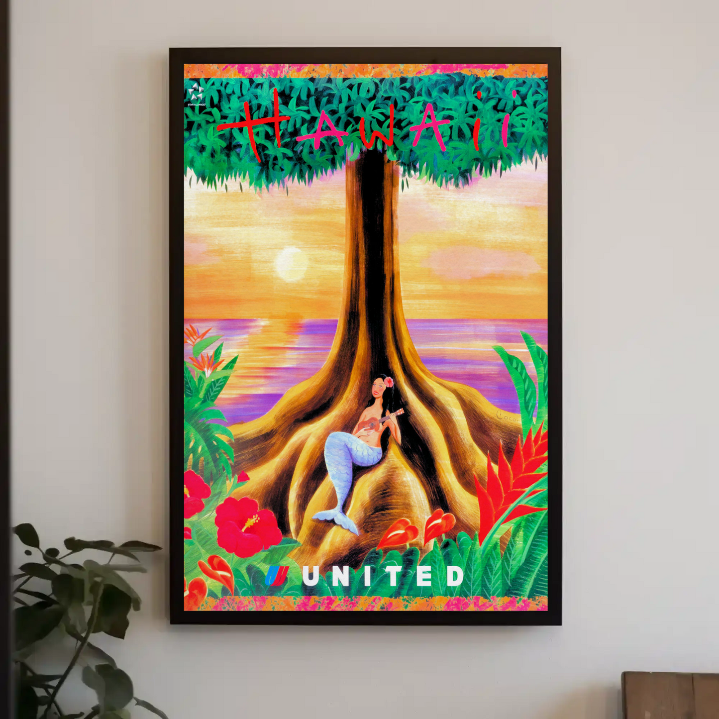 Hawaii Mermaid Tree Sunset United Travel Poster