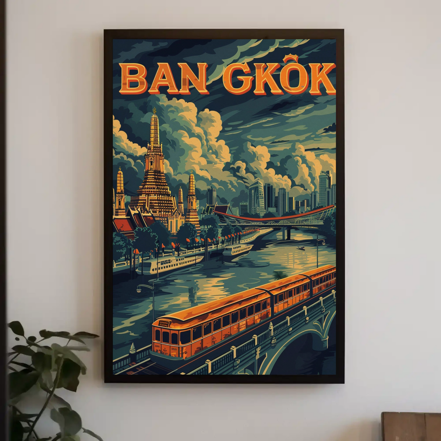 Bangkok Golden Temple River Train Skyline Scene Travel Poster