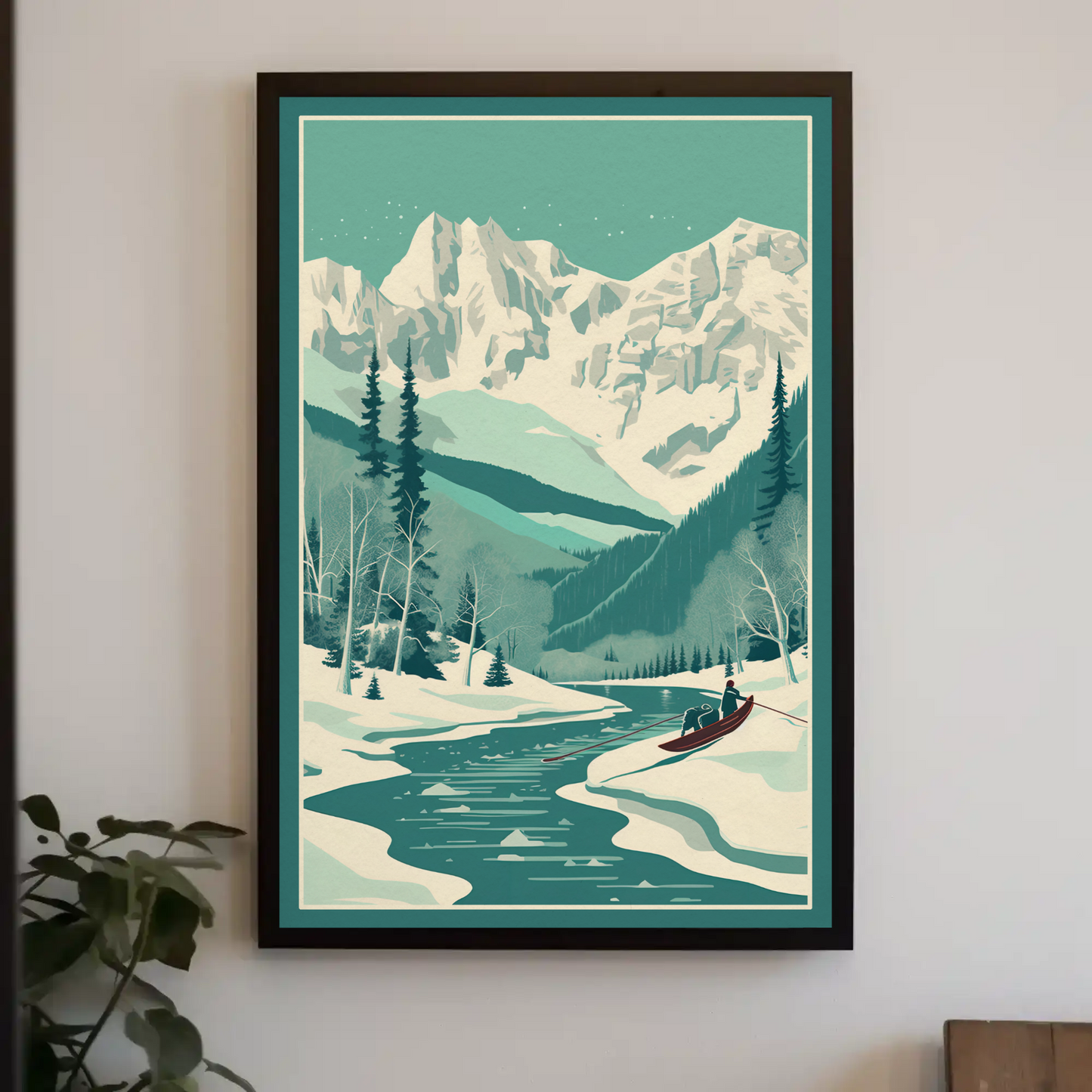 Snowy Alpine Mountain Rowboat Scene Travel Poster