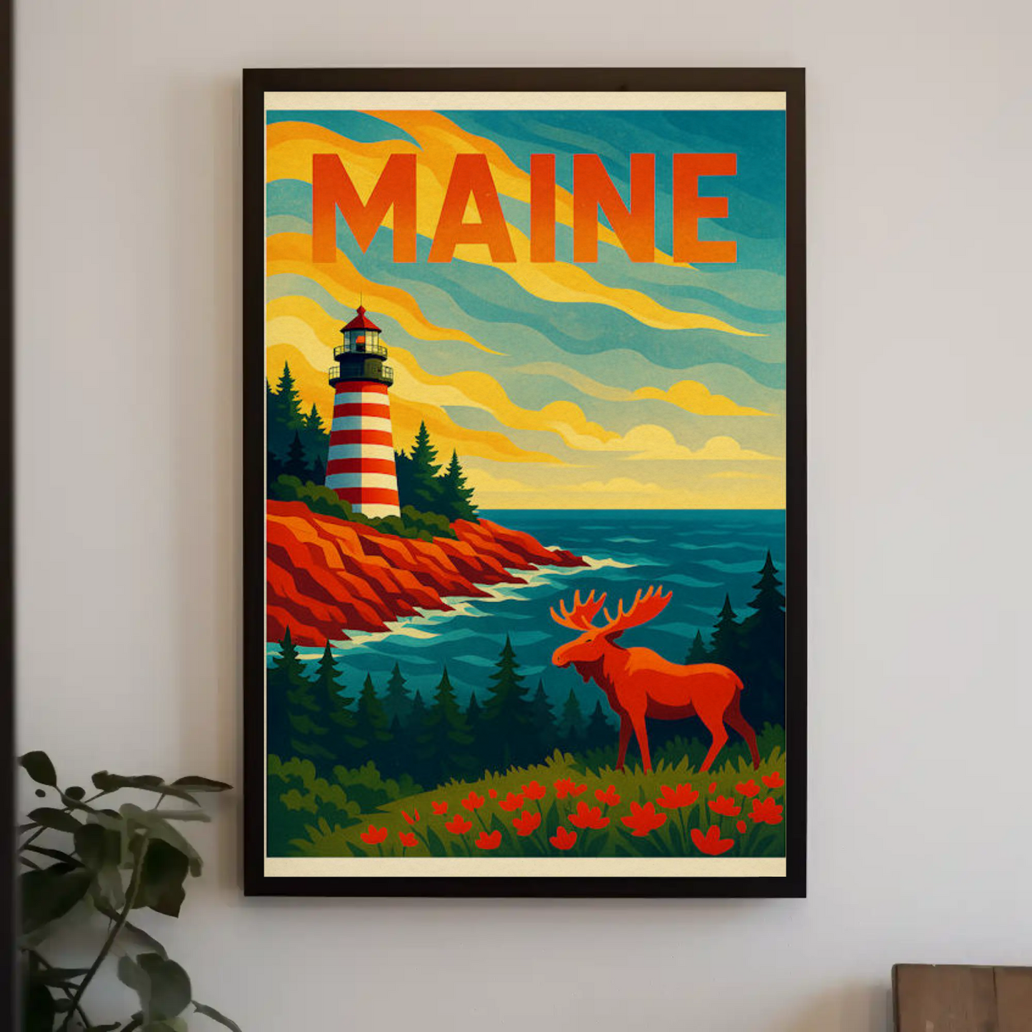 Maine Lighthouse Moose Forest Coastal View Poster