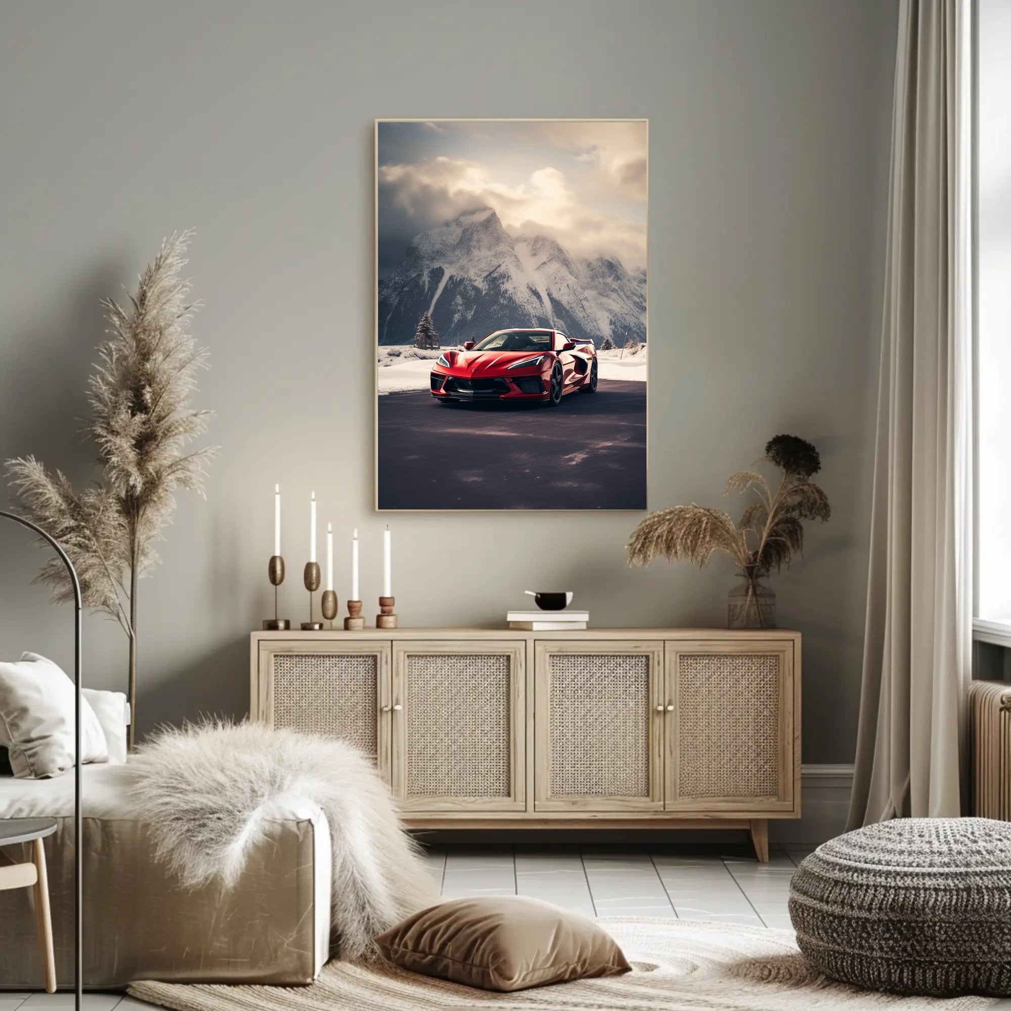 Sleek Red Sports Car in Alpine Landscape Poster PosterGoat