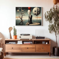 Surreal Humanoid with Red Sphere Hat Artistic Poster