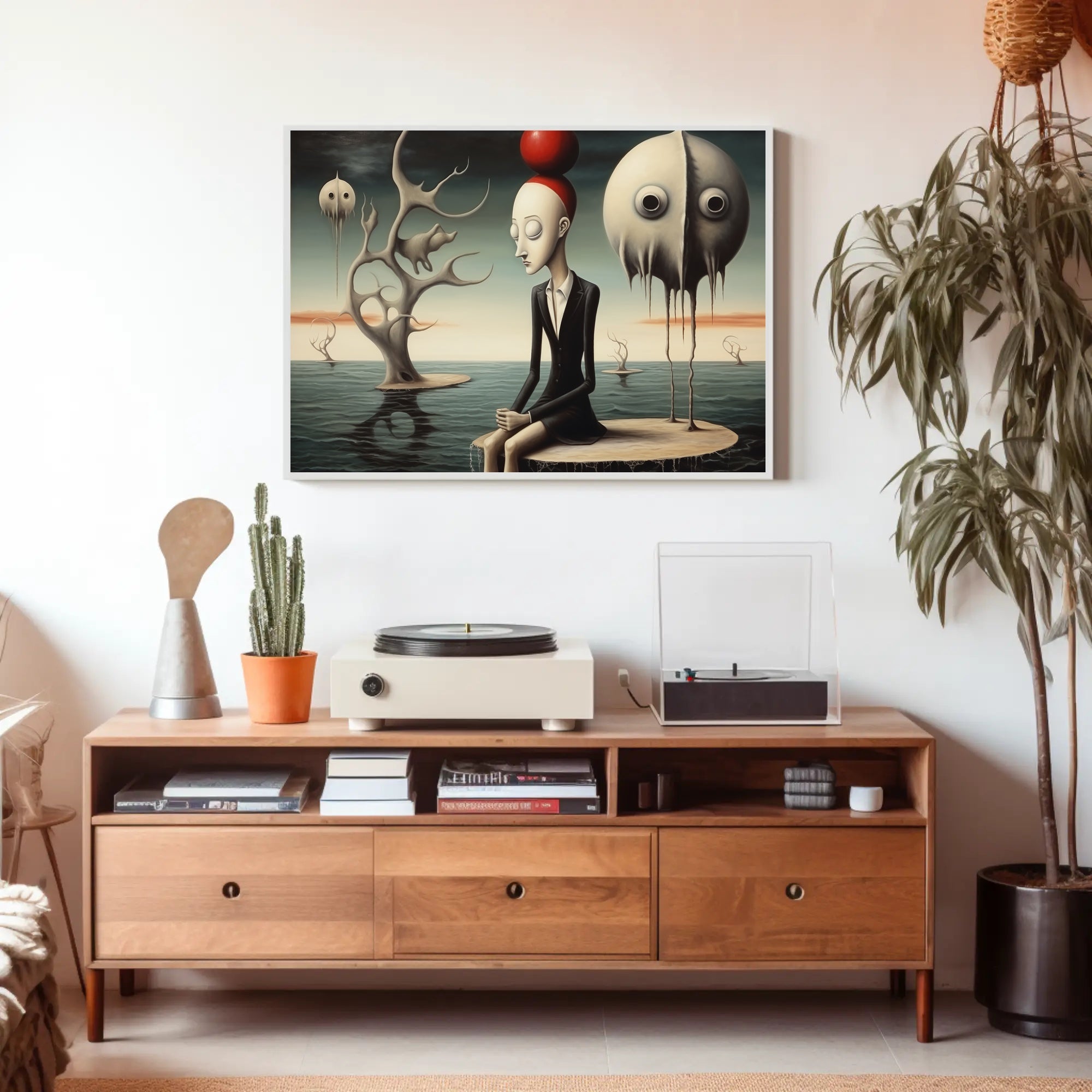Surreal Humanoid with Red Sphere Hat Artistic Poster