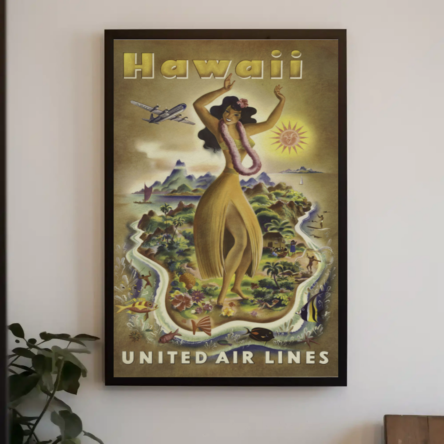Hawaii Airlines Hula Girl Island Map Poster