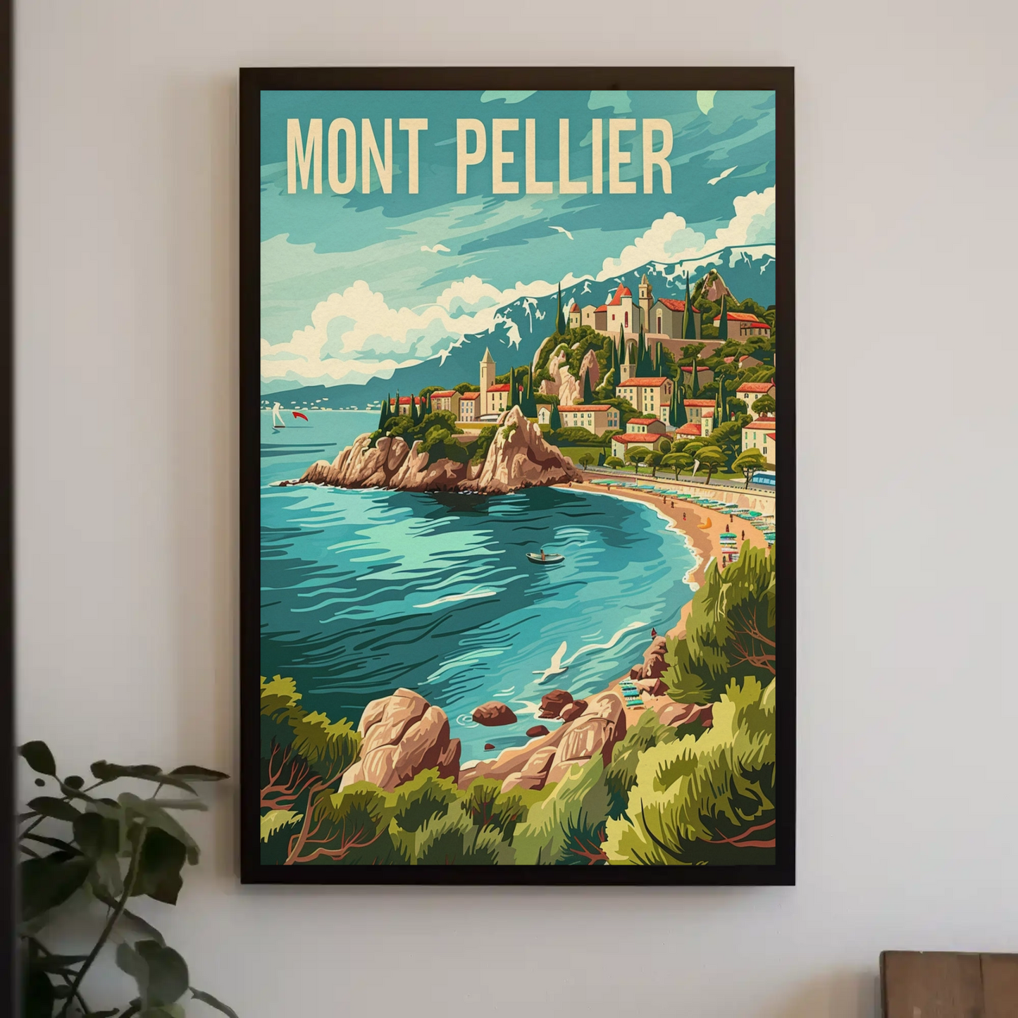Montpellier France Coast Hillside Village Travel Poster