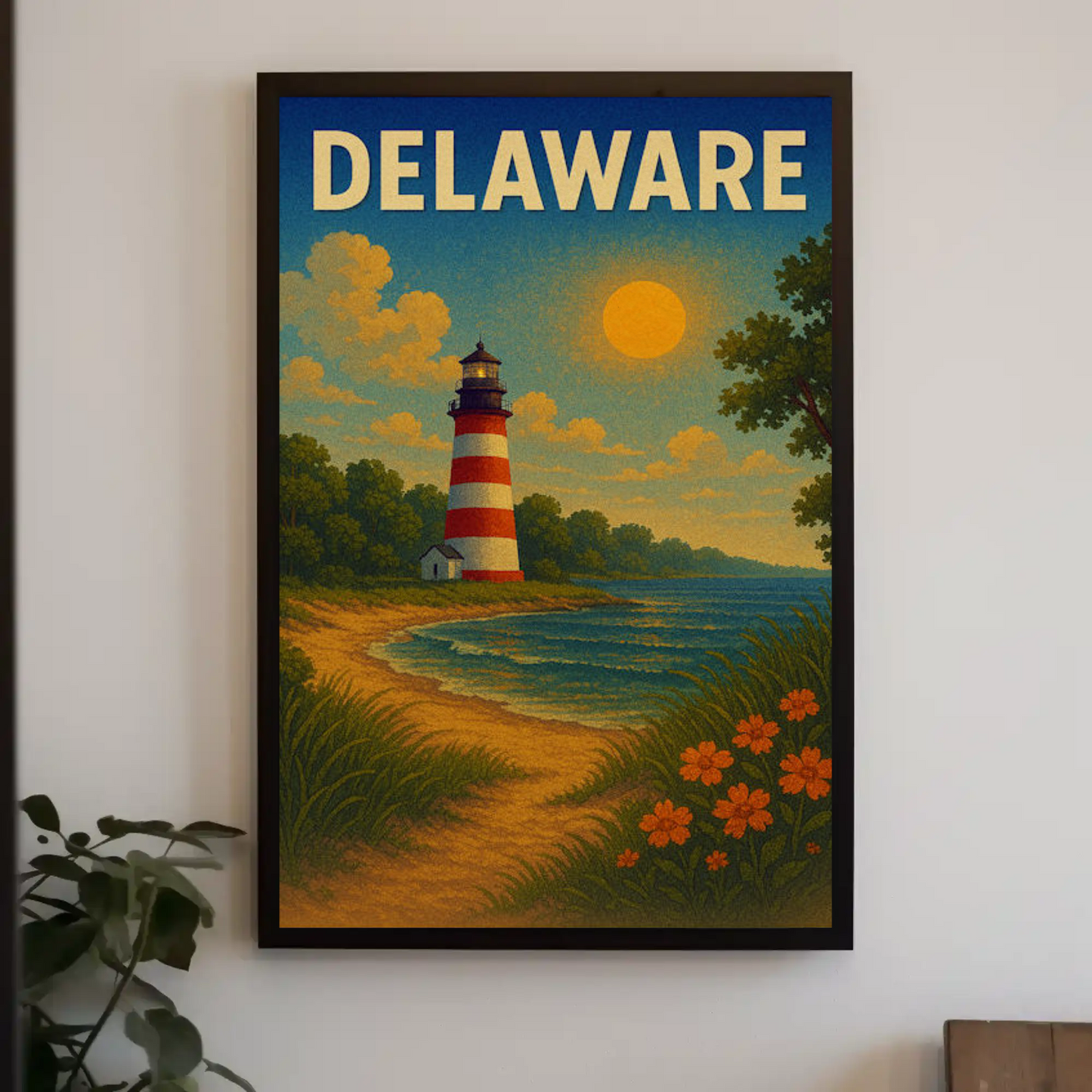 Delaware Striped Lighthouse Sunset Beach Travel Poster