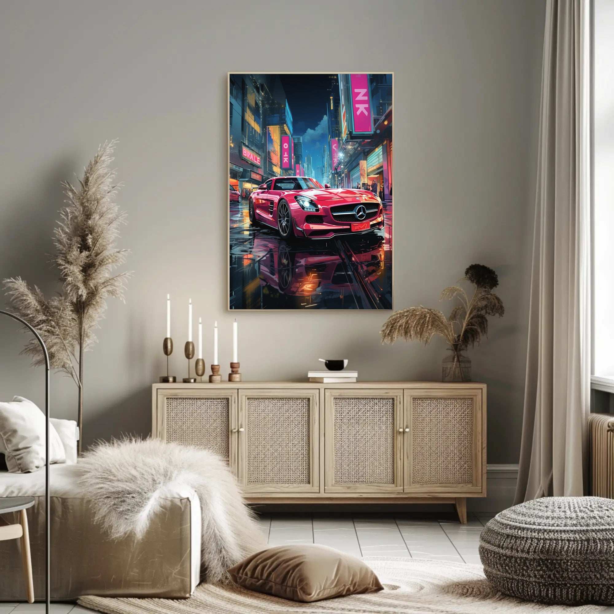 Futuristic Cityscape Sports Car Neon Lights Poster