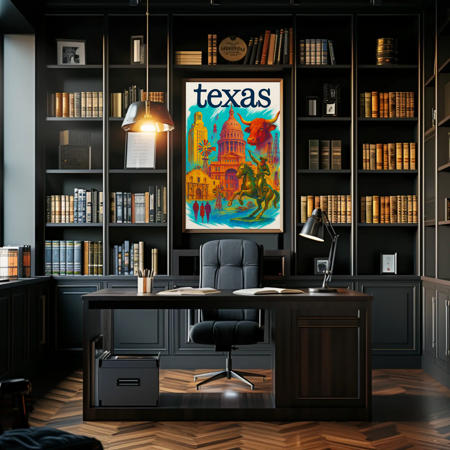 Texas Capitol Cowboy Longhorn Windmill History Vintage Travel Poster
