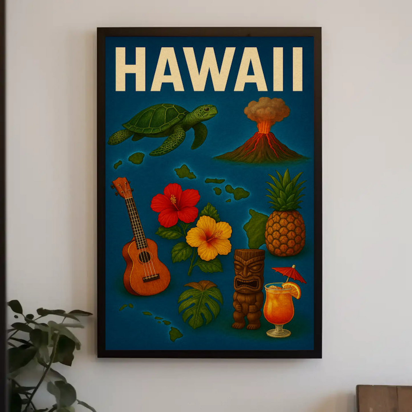 Hawaii Island Symbols Vintage Travel Poster