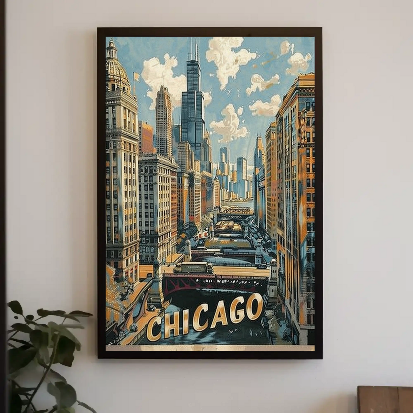 Chicago Skyline River Train Architecture Cityscape Travel Poster