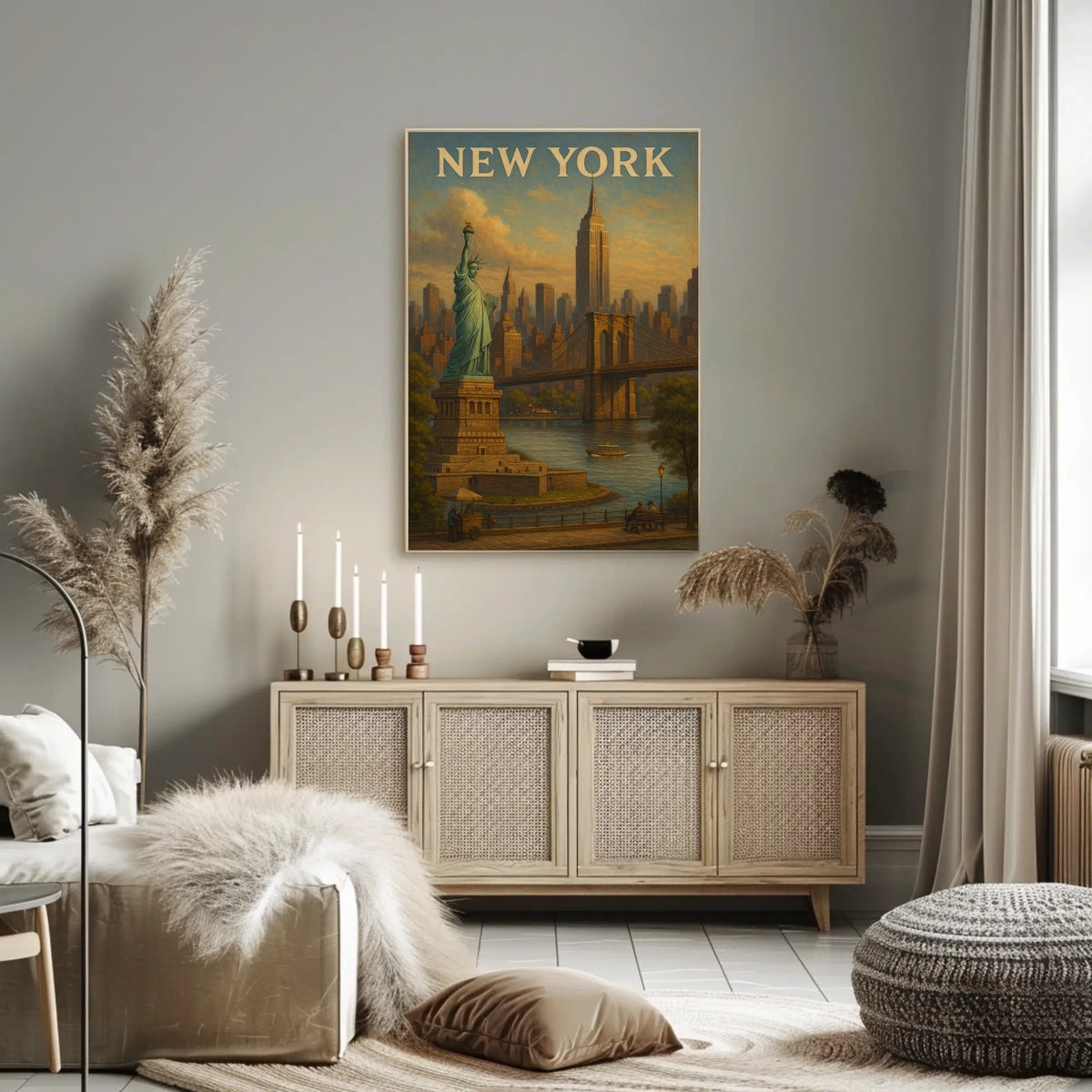 New York City Skyline Cityscape Poster Vintage Wall Art