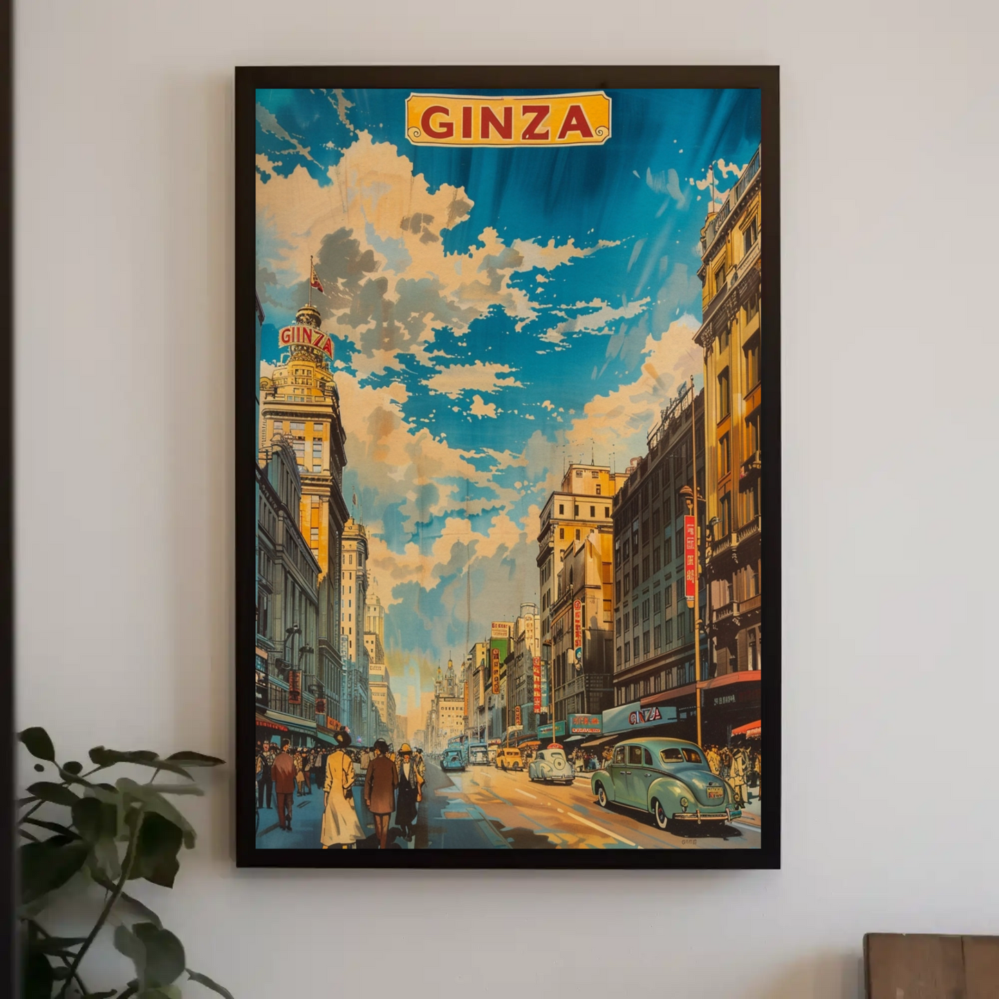 Ginza Tokyo Vintage Crowd Skyline Travel Poster