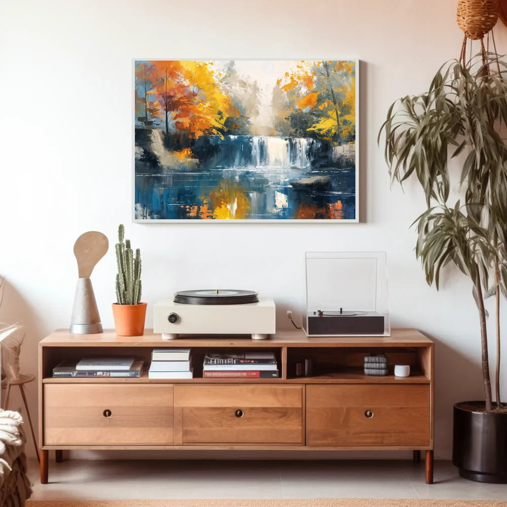Serene Autumn Waterfall Impressionist Landscape Art Poster