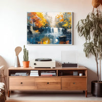 Serene Autumn Waterfall Impressionist Landscape Art Poster