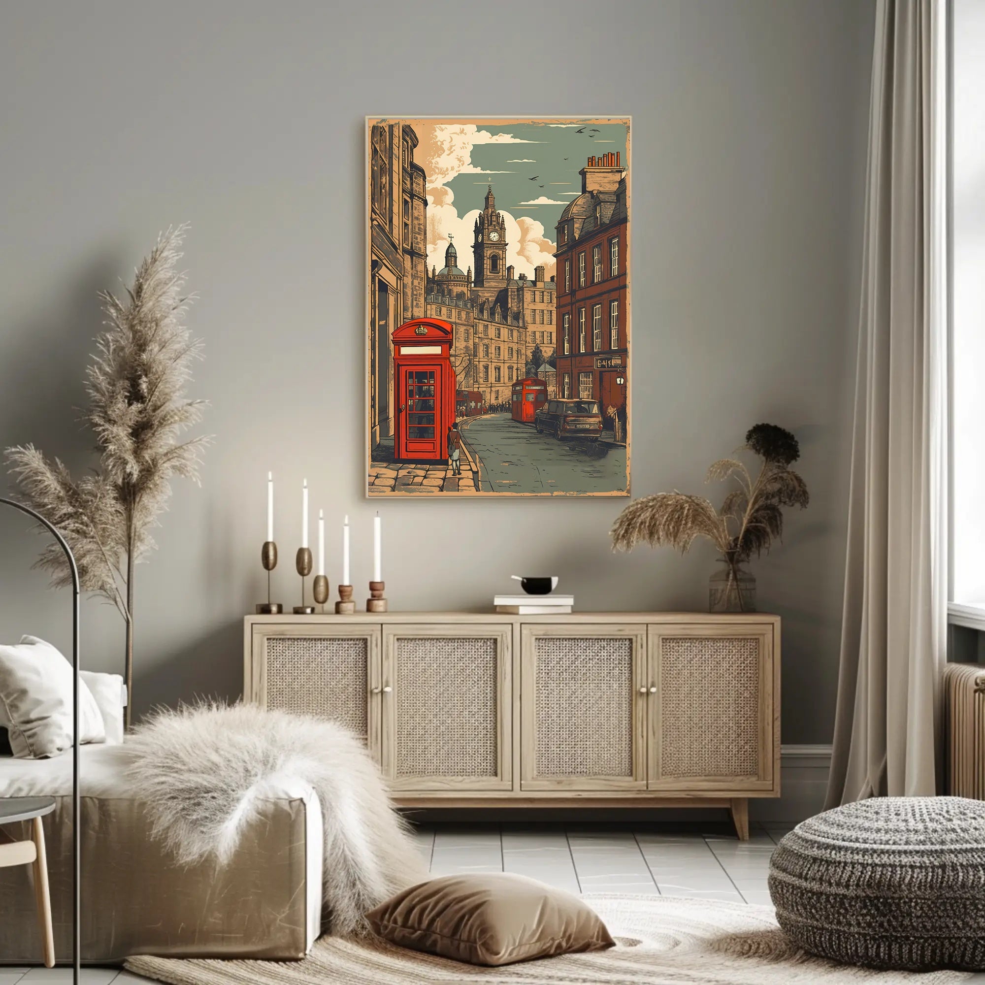 Vintage Cityscape with Red Telephone Booth Poster