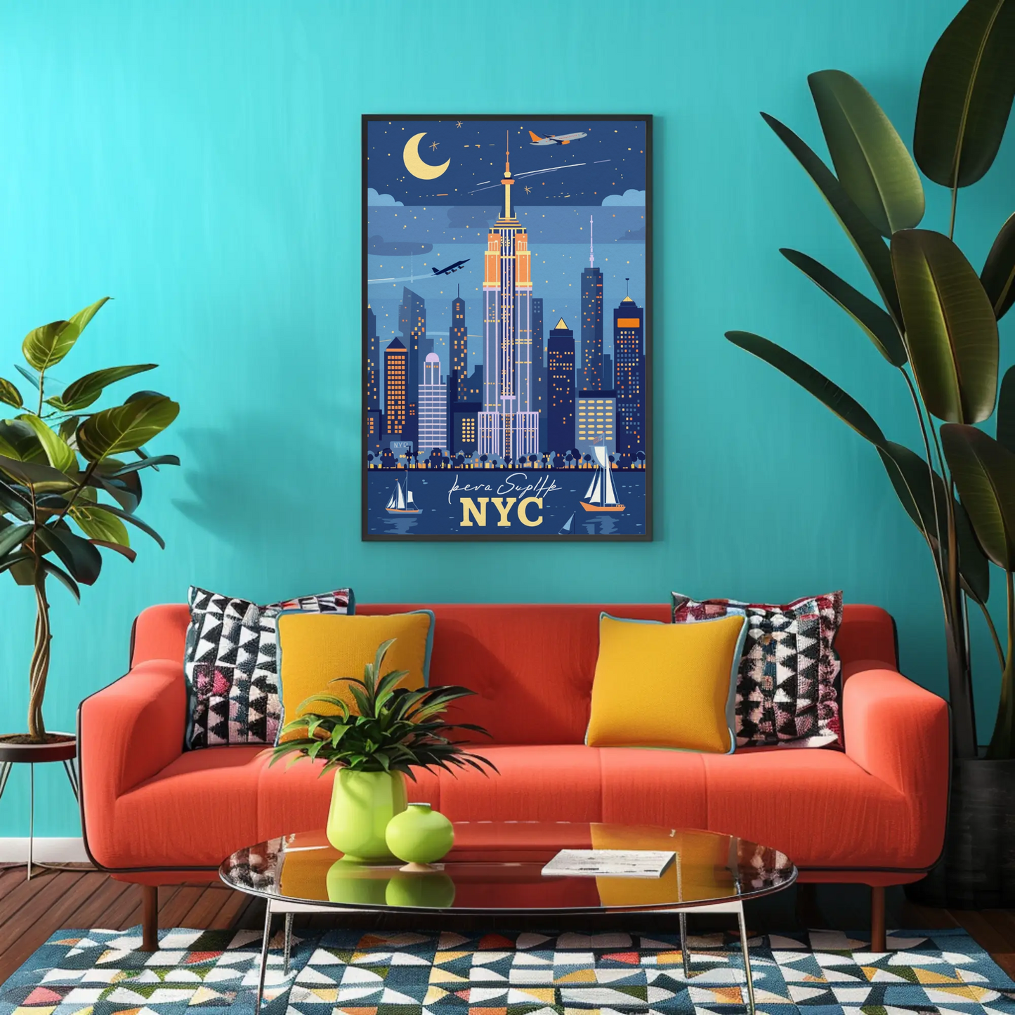 New York City Skyline at Night Vintage Poster