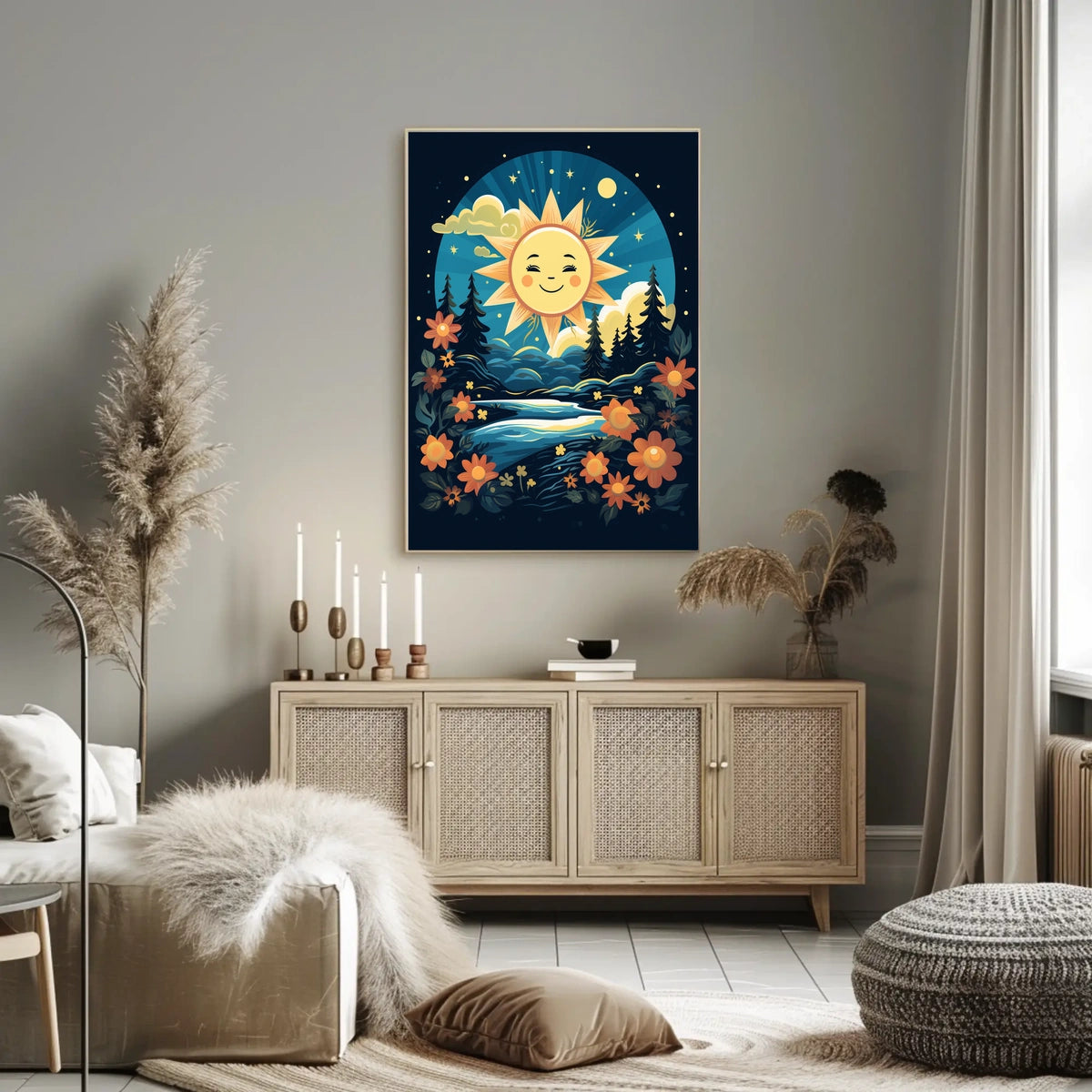 Radiant Dawn Impressionism Digital Painting Morning Light Silhouetted Trees Flowers Starry Sky Joyful Poster
